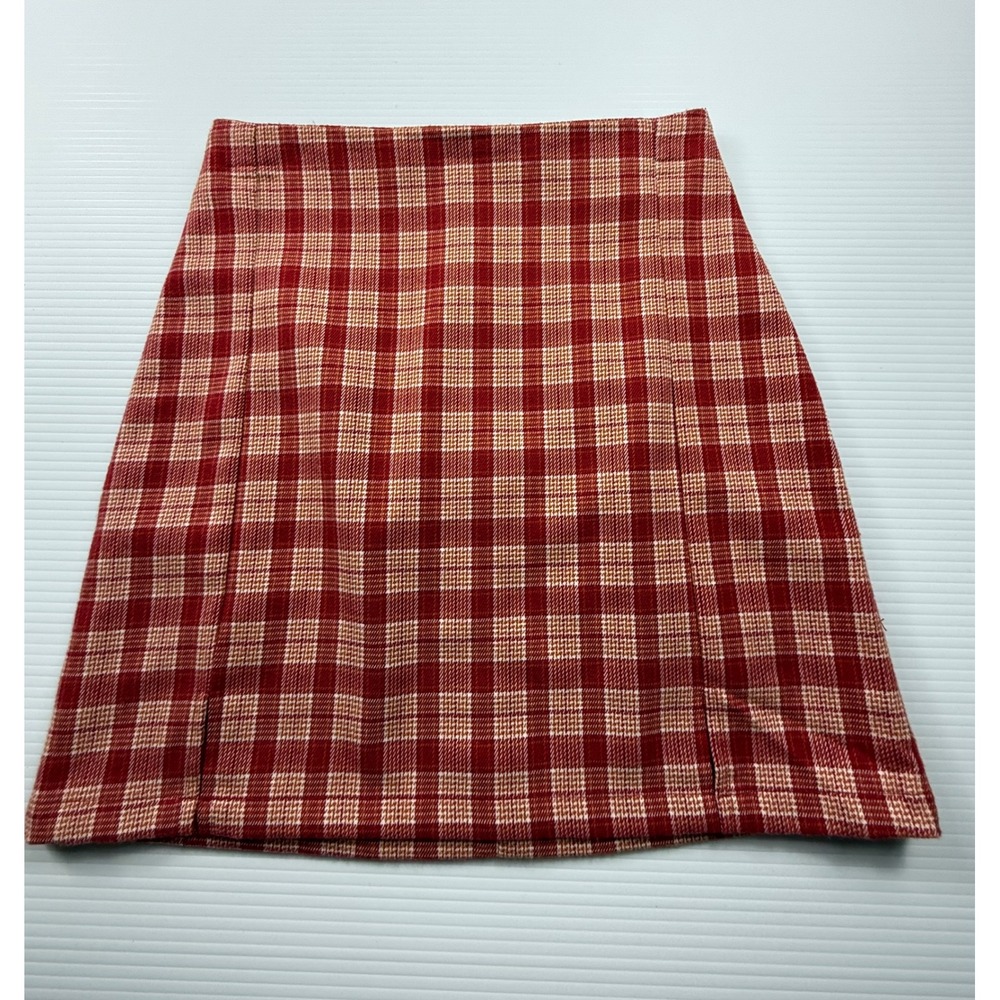Brandy Melville Red Plaid Mini Skirt High Waisted A-Line Front Slit size‎ s